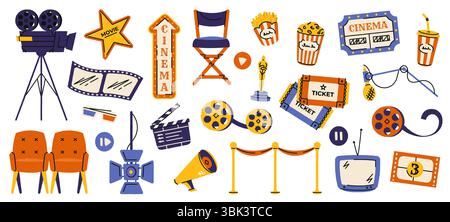 Cinema elements. Movie festival banner with film reel clapper board projector, cartoon cinematography equipment, movie TV cinema icons. Vector set Stock Vector