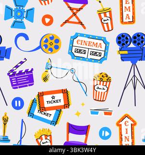 Movie pattern. Cinema film production elements, seamless print of cinematography icons, endless background with clapperboard camera reel tape popcorn Stock Vector
