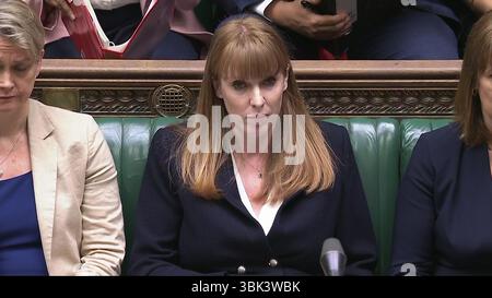 Screen grab of Deputy Prime Minister Angela Rayner during Prime Minister's Questions in the House of Commons, London. Picture date: Wednesday June 18, 2025. Stock Photo