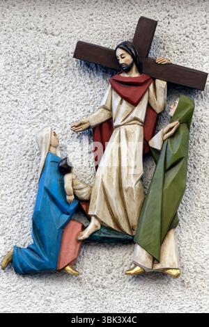 Way of the cross. 8th Station: Jesus meets the women of Jerusalem.  Saint Julien en Genevois. France. Stock Photo