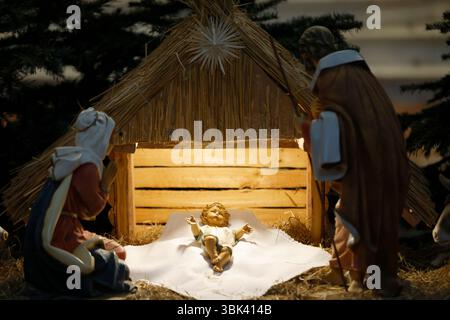 Nativity Scene - Birth Of Jesus Christ With Manger In Snowy Night And ...