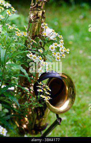 A tenor saxophone amongst flowers. Stock Photo