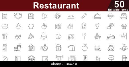 Restaurant Food Service Icon Set - 50 Editable Culinary Dining Icons for Menu, Kitchen and Hospitality Business Vector Collection Stock Vector