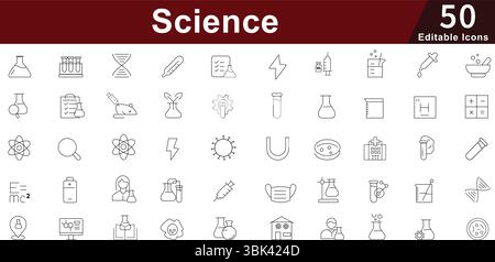 Science Laboratory Icon Set - 50 Editable Research Equipment Icons for Chemistry, Biology and Scientific Study Vector Collection Stock Vector