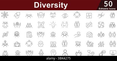 Diversity Inclusion Icon Set - 50 Editable Equality Community Icons for Workplace Diversity, Social Justice and Human Rights Vector Collection Stock Vector