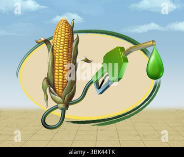 Production of biofuels from corn. Digital illustration. Stock Photo