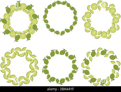 A set of wreath with green limes and leaves arranged in a circle. Bright and fresh citrus design perfect for summer themes, tropical backgrounds and f Stock Vector