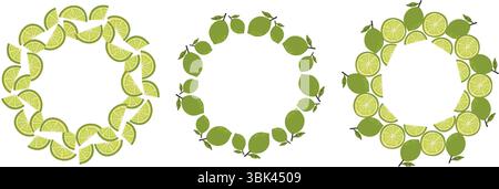 A set of wreath with green limes and leaves arranged in a circle. Bright and fresh citrus design perfect for summer themes, tropical backgrounds and f Stock Vector