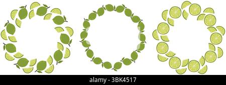 A set of wreath with green limes and leaves arranged in a circle. Bright and fresh citrus design perfect for summer themes, tropical backgrounds and f Stock Vector