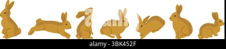 Set of cute brown rabbits in different poses including sitting, jumping and crouching. Bunny clipart perfect for Easter designs, spring themes, nurser Stock Vector