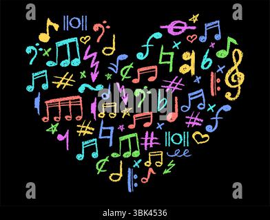 Heart shape filled with musical icons set. Charcoal stamp texture, cute underline symbols, and kindergarten color. Colorful music note, lightning and Stock Vector