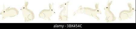 Set of cute white rabbits in different poses including sitting, jumping and crouching. Bunny clipart perfect for Easter designs, spring themes, nurser Stock Vector