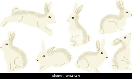 Set of cute white rabbits in different poses including sitting, jumping and crouching. Bunny clipart perfect for Easter designs, spring themes, nurser Stock Vector
