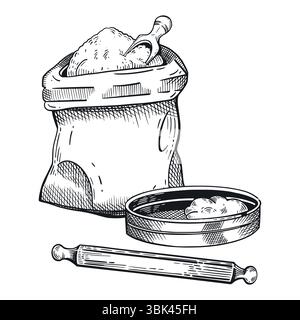 Baking, dough making process, flour bag, flour sifting sieve, rolling pin. All objects are hand-drawn with ink. The illustration is suitable for Stock Vector