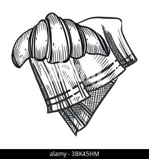 Fresh croissant on a cloth napkin, homemade cakes. All objects are hand-drawn in vector. The illustration is suitable for printing on the menus of Stock Vector