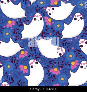 Seamless Pattern with Playful White Ghosts with Floral Headbands and Flowers. Colorful floral background with floating ghosts on deep blue background Stock Vector