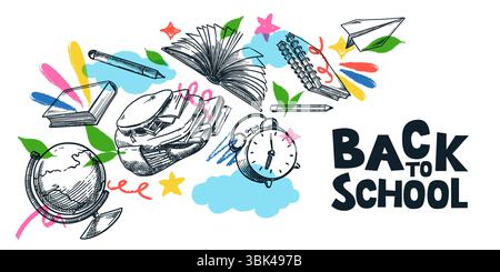 Back to school colorful banner poster design. Vector hand drawn sketch collage illustration. Flying backpack, books, globe, pens, alarm clock, clouds, Stock Vector