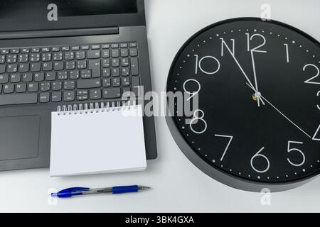 The concept of urgent deadline at work. Keyboard, clock, pen and blank paper Stock Photo