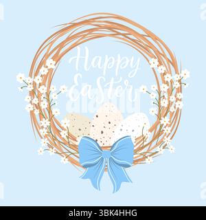 Decorative Easter wreath made of twigs willow with eggs and bow. Easter greeting card. Vector illustration Stock Vector
