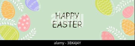 Happy Easter greeting card with colorful eggs.  Minimalistic pastel design for spring and holiday decorations. Vector illustration Stock Vector
