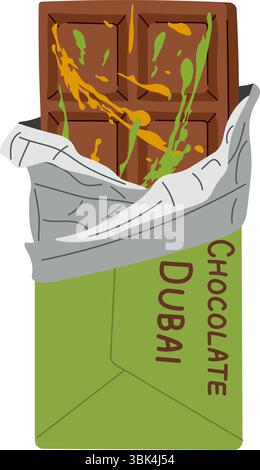 Dubai chocolate bar with pistachio paste filling in packaging. Luxury gourmet dessert. Premium handmade chocolate, cocoa dessert. Vector Illustration Stock Vector