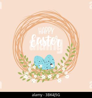 Decorative Easter wreath made of twigs willow with blue eggs. Easter greeting card. Vector illustration Stock Vector