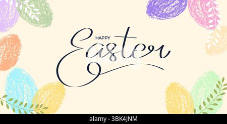 Happy Easter greeting card with colorful eggs. Pastel textured design for spring and holiday decorations. Vector illustration Stock Vector