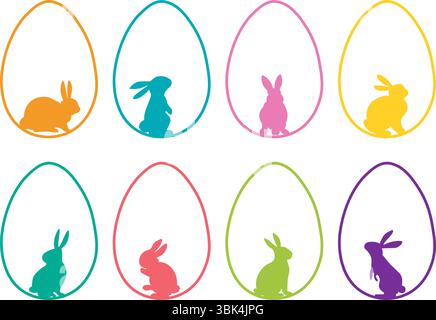 Set of minimalist colorful Easter bunny silhouettes in egg shapes. Design concept for greeting card or banner. Vector illustration Stock Vector