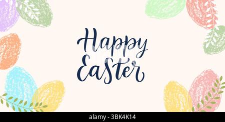 Happy Easter greeting card with colorful eggs. Pastel textured design for spring and holiday decorations. Vector illustration Stock Vector