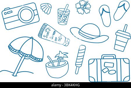 Summer vacation icons set. Collection of summer-themed doodle icons in blue line art style. Perfect for travel, beach, holiday, and vacation design pr Stock Vector