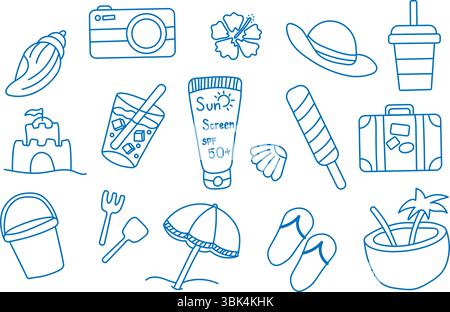 Summer vacation icons set. Collection of summer-themed doodle icons in blue line art style. Perfect for travel, beach, holiday, and vacation design pr Stock Vector