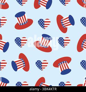 Patriotic seamless pattern with uncle Sam hats and American hearts.  Perfect for U.S. patriotic designs, fabric prints, and festive backgrounds. Vecto Stock Vector