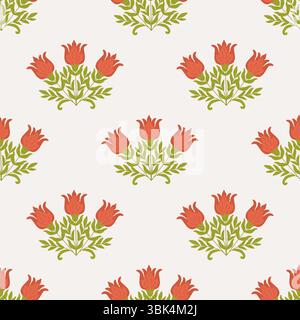 Seamless floral pattern featuring stylized red tulip flowers and green leaves on a light background. Perfect for vintage and decorative textile, wallp Stock Vector