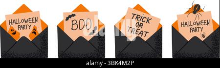 Set of Halloween card featuring in black envelopes with bold lettering. Perfect for October party planning and seasonal designs. Vector illustration Stock Vector