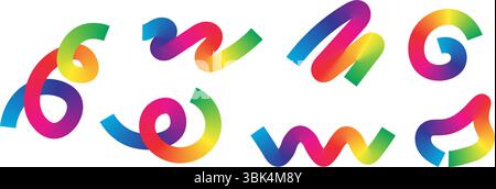 Set of colorful abstract ribbon elements with gradient transitions in rainbow hues.Curved and twisted shapes ideal for festive designs, digital artwor Stock Vector