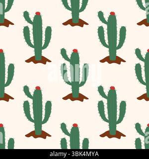 Seamless pattern with green cactus on a light background. Perfect for desert-themed designs, fabric prints, summer decorations, and southwestern motif Stock Vector