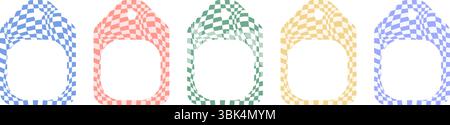 Set of distorted checkered tags in pastel colors. Wavy, warped square patterns create a unique optical illusion effect. Perfect for branding, packagin Stock Vector