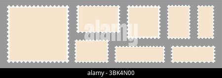 Set of postcard stamps template. Mockup postage stamps. Jagged wavy edge forms. Vector illustration Stock Vector