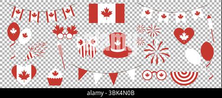 Set of symbols for Canada Day. Canadian flag, maple leaf, fireworks, bunting, balloons, hat, glasses, bow. Design elements for cards, invitations, ban Stock Vector