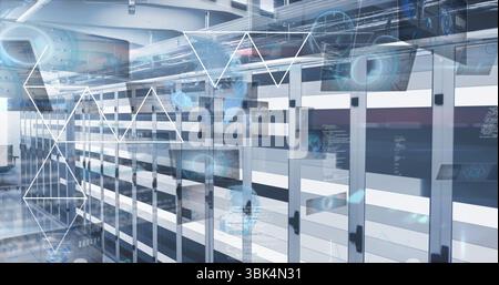 Highlighting server racks displaying data analysis in datacenter corridor, with digital overlays Stock Photo