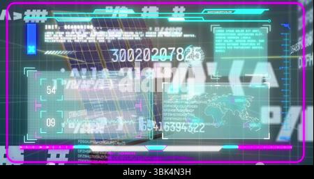 Displaying neon HUD interface floating on world map overlay, with numeric panels and magenta frame Stock Photo