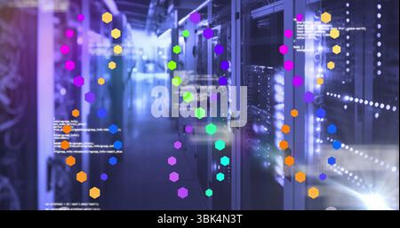 Showing rack-mounted servers displaying LED lights in data center corridor, floating code fragments Stock Photo