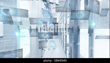 Displaying floating holographic screens over data center corridor with server racks and cable trays Stock Photo