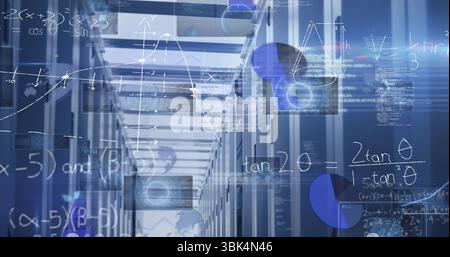 Extending aisle of server racks glowing with blinking lights and digital overlays in data center Stock Photo