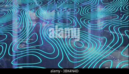 Displaying turquoise contours over blurred trunks in woodland, with code snippets and data markers Stock Photo