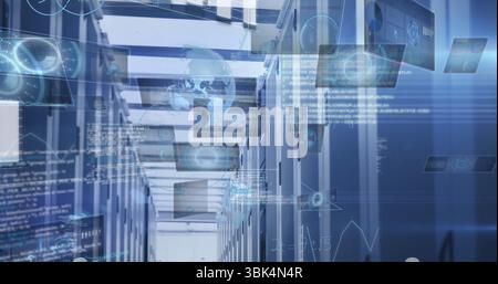 Housing server rack corridor in data center, with LEDs and networking cables, holographic displays Stock Photo