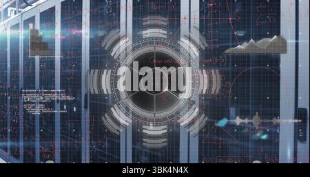 Displaying circular HUD interface overlaying server rack rows with red equations, code snippets Stock Photo
