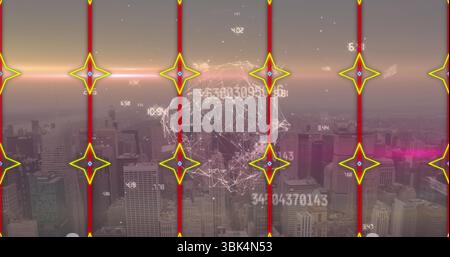 Wireframe globe hovering above skyline at dusk, with numeric data, grid lines, star markers Stock Photo