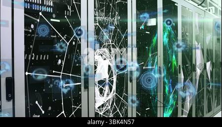 Glowing holographic network nodes connecting server cabinets at data center, with LED indicators Stock Photo