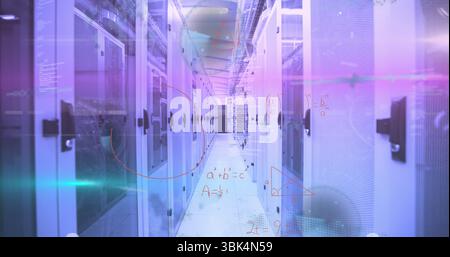 Displaying central aisle revealing data in data center, with server racks  and  holographic formulas Stock Photo